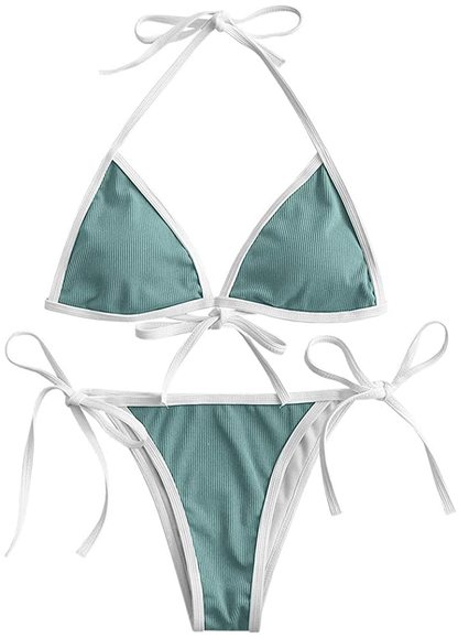 ZAFUL Women's Straps Textured Ribbed Front Closure High Cut Bikini Set Swimsuit Apparel & Accessories > Clothing > Swimwear ZAFUL B-light Green Small 
