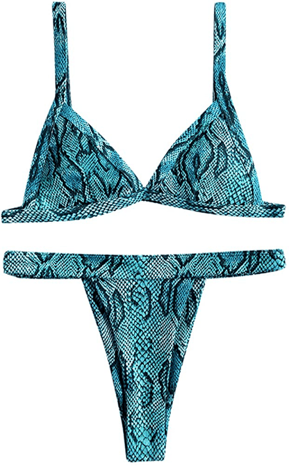 ZAFUL Women's Straps Textured Ribbed Front Closure High Cut Bikini Set Swimsuit Apparel & Accessories > Clothing > Swimwear ZAFUL A-greenish Blue Large 