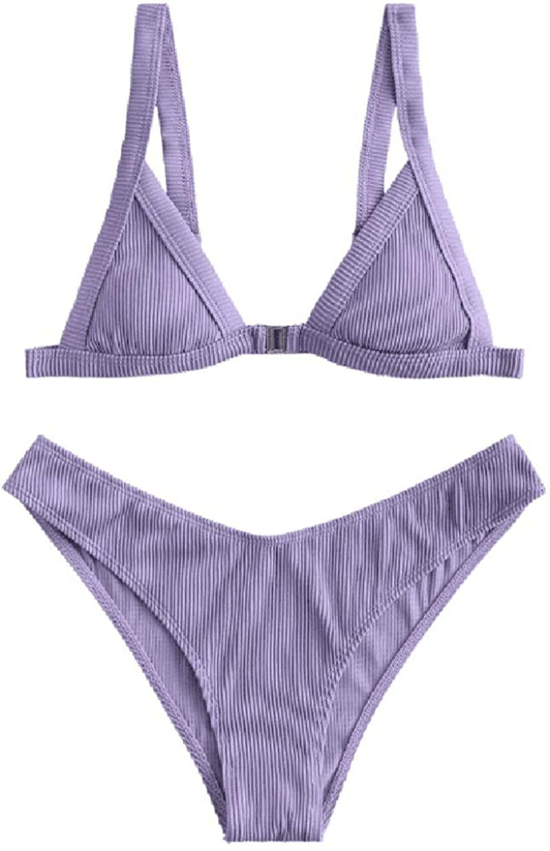 ZAFUL Women's Straps Textured Ribbed Front Closure High Cut Bikini Set Swimsuit Apparel & Accessories > Clothing > Swimwear ZAFUL L-mauve Small 