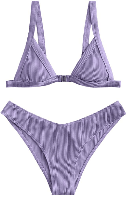 ZAFUL Women's Straps Textured Ribbed Front Closure High Cut Bikini Set Swimsuit Apparel & Accessories > Clothing > Swimwear ZAFUL L-mauve Small 