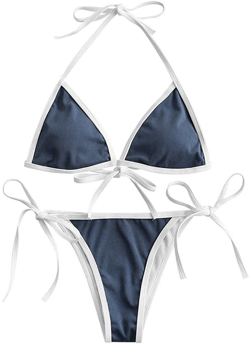 ZAFUL Women's Straps Textured Ribbed Front Closure High Cut Bikini Set Swimsuit Apparel & Accessories > Clothing > Swimwear ZAFUL B-deep Blue Large 