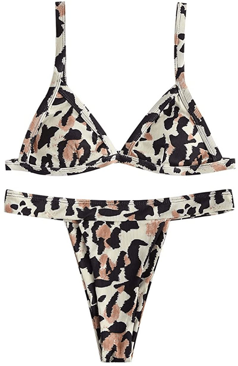 ZAFUL Women's Straps Textured Ribbed Front Closure High Cut Bikini Set Swimsuit Apparel & Accessories > Clothing > Swimwear ZAFUL A-camel Brown Medium 