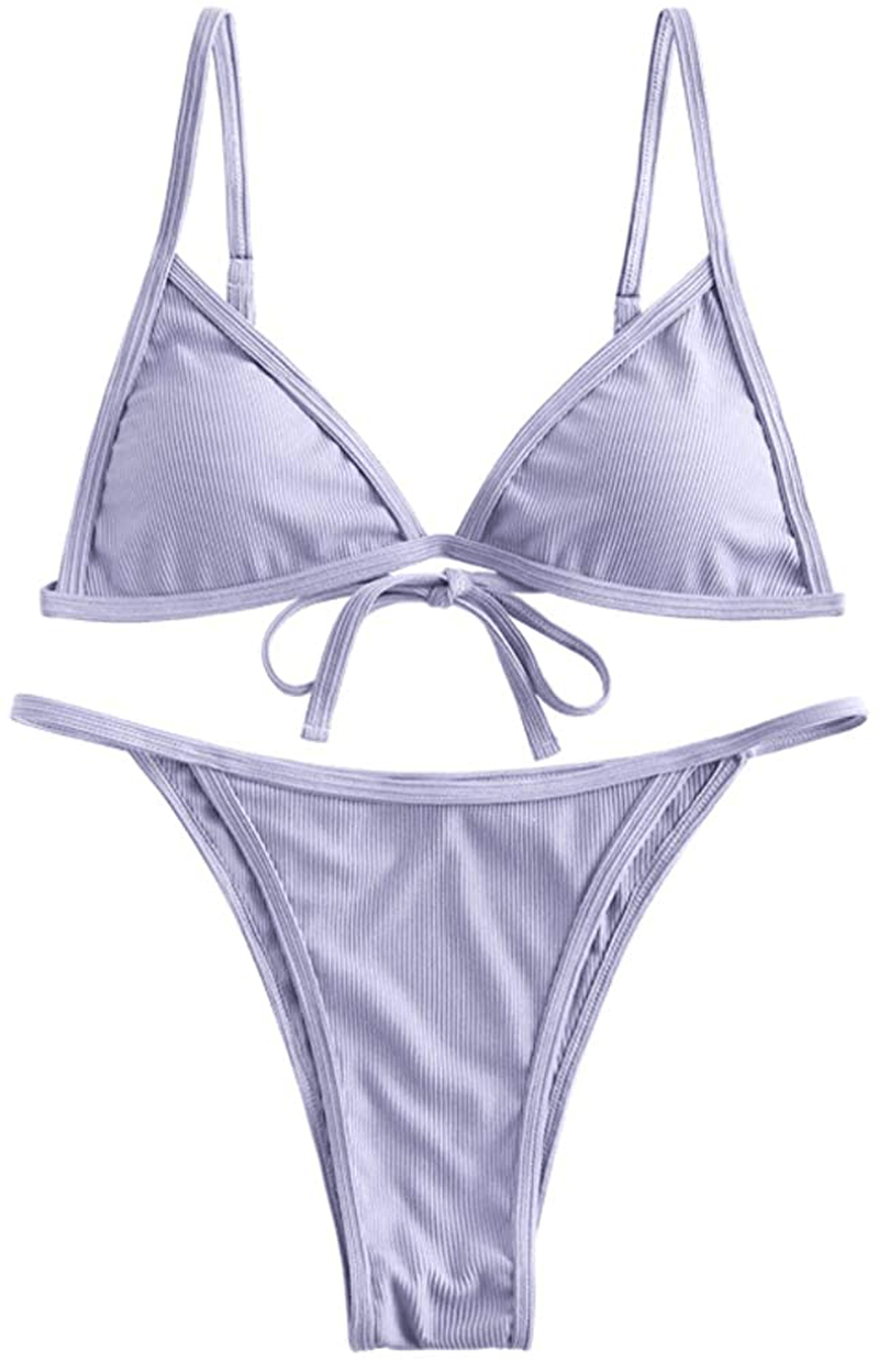 ZAFUL Women's Straps Textured Ribbed Front Closure High Cut Bikini Set Swimsuit Apparel & Accessories > Clothing > Swimwear ZAFUL O-lavender Blue Large 