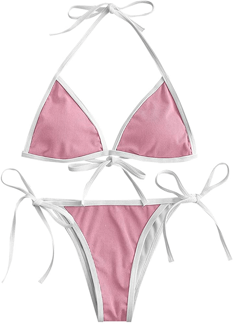 ZAFUL Women's Straps Textured Ribbed Front Closure High Cut Bikini Set Swimsuit Apparel & Accessories > Clothing > Swimwear ZAFUL B-light Pink Medium 