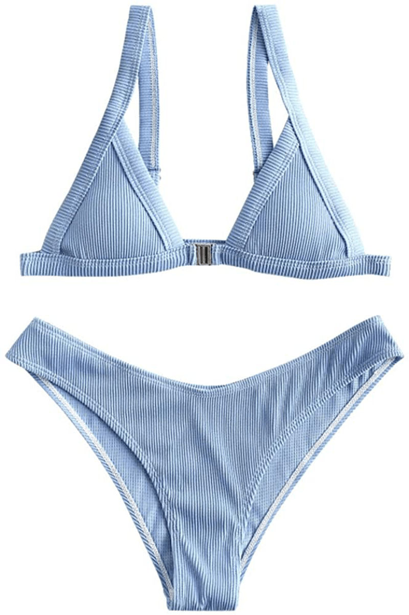 ZAFUL Women's Straps Textured Ribbed Front Closure High Cut Bikini Set Swimsuit Apparel & Accessories > Clothing > Swimwear ZAFUL Silk Blue Large 
