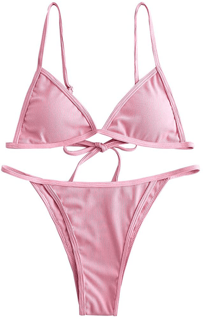 ZAFUL Women's Straps Textured Ribbed Front Closure High Cut Bikini Set Swimsuit Apparel & Accessories > Clothing > Swimwear ZAFUL O-pig Pink Medium 