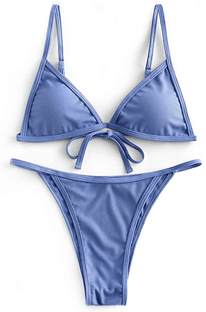 ZAFUL Women's Straps Textured Ribbed Front Closure High Cut Bikini Set Swimsuit Apparel & Accessories > Clothing > Swimwear ZAFUL O-ocean Blue Large 