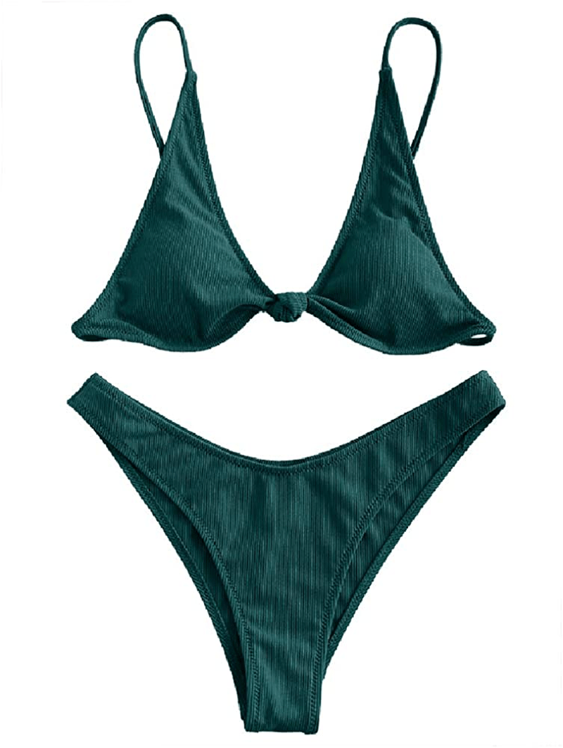 ZAFUL Women's Straps Textured Ribbed Front Closure High Cut Bikini Set Swimsuit Apparel & Accessories > Clothing > Swimwear ZAFUL M-peacock Blue Small 
