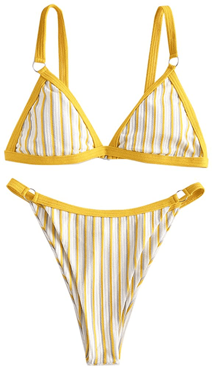 ZAFUL Women's Straps Textured Ribbed Front Closure High Cut Bikini Set Swimsuit Apparel & Accessories > Clothing > Swimwear ZAFUL D-yellow Large 