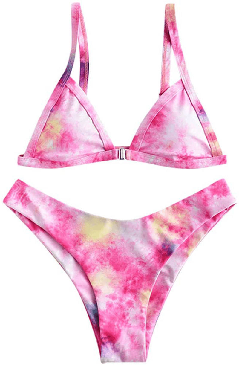 ZAFUL Women's Straps Textured Ribbed Front Closure High Cut Bikini Set Swimsuit Apparel & Accessories > Clothing > Swimwear ZAFUL Zb-tie Dye Pink Large 