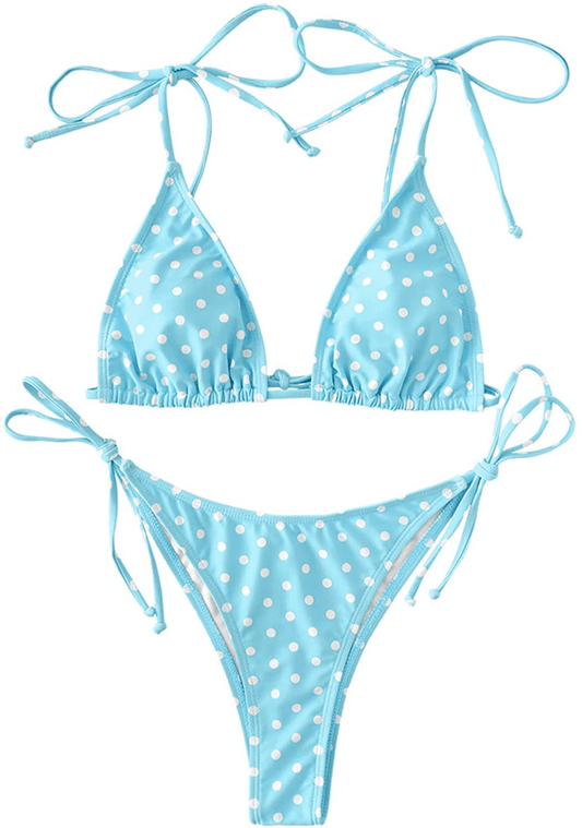 ZAFUL Women's Swimsuit Halter Ribbed Polka Dot Tie Dye String Bathing Suit Bikini Set Apparel & Accessories > Clothing > Swimwear ZAFUL A-day Sky Blue Small 