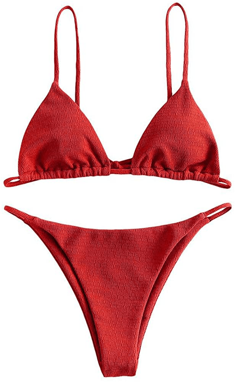ZAFUL Women's Swimsuit Halter Ribbed Polka Dot Tie Dye String Bathing Suit Bikini Set Apparel & Accessories > Clothing > Swimwear ZAFUL I-red Large 