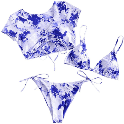ZAFUL Women's Swimsuit Halter Ribbed Polka Dot Tie Dye String Bathing Suit Bikini Set Apparel & Accessories > Clothing > Swimwear ZAFUL Three Piece-blueberry Blue Medium 