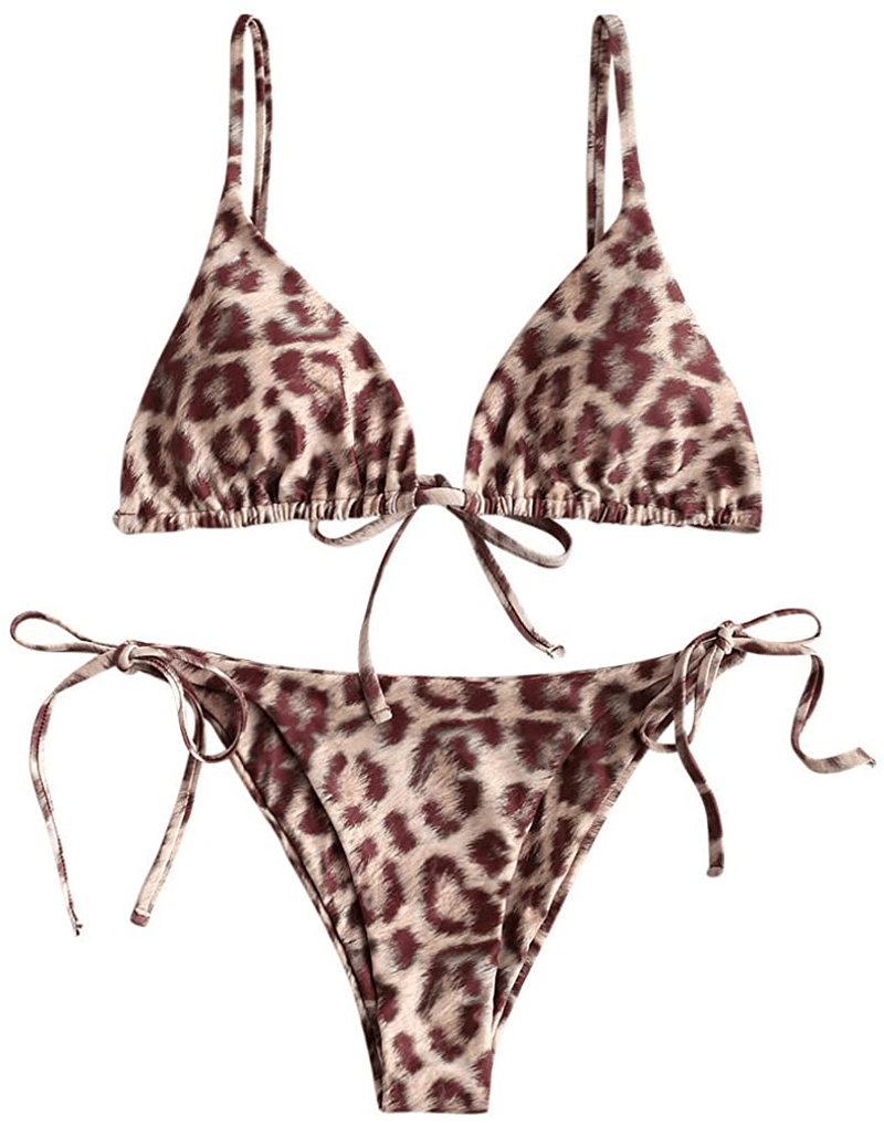 ZAFUL Women's Swimsuit Halter Ribbed Polka Dot Tie Dye String Bathing Suit Bikini Set Apparel & Accessories > Clothing > Swimwear ZAFUL M-leopard Large 