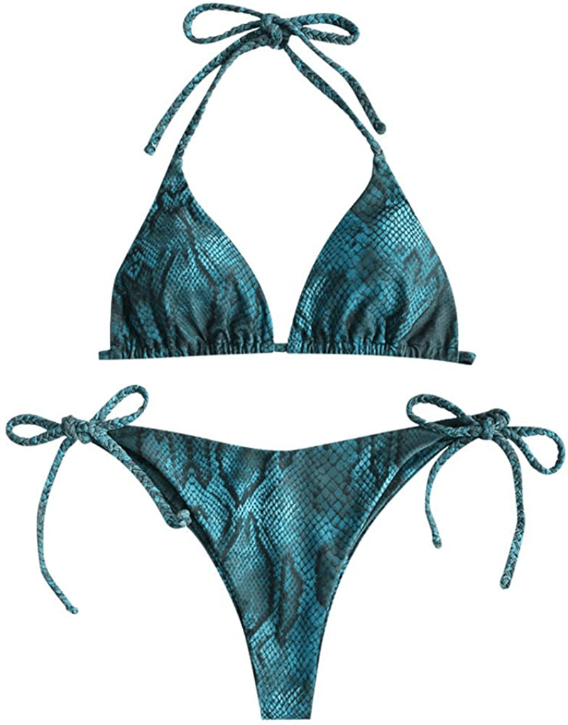 ZAFUL Women's Swimsuit Halter Ribbed Polka Dot Tie Dye String Bathing Suit Bikini Set Apparel & Accessories > Clothing > Swimwear ZAFUL J-blue Small 