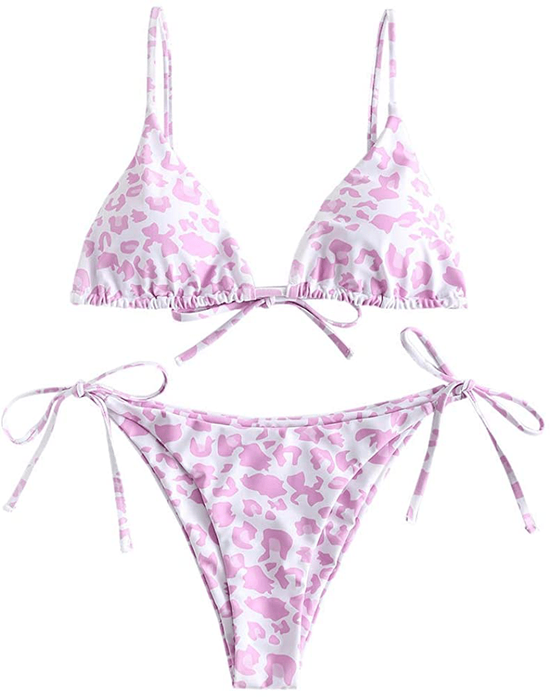 ZAFUL Women's Swimsuit Halter Ribbed Polka Dot Tie Dye String Bathing Suit Bikini Set Apparel & Accessories > Clothing > Swimwear ZAFUL M-light Pink Medium 