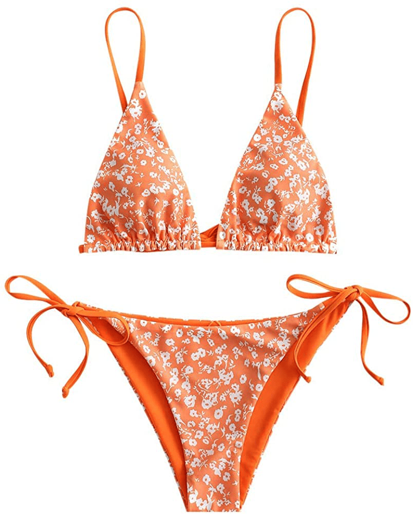 ZAFUL Women's Swimsuit Halter Ribbed Polka Dot Tie Dye String Bathing Suit Bikini Set Apparel & Accessories > Clothing > Swimwear ZAFUL H-pumpkin Orange Large 