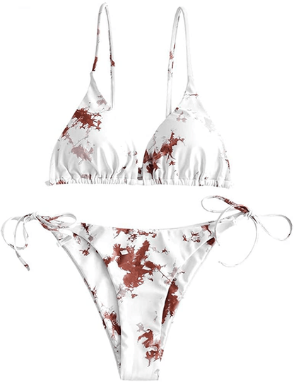 ZAFUL Women's Swimsuit Halter Ribbed Polka Dot Tie Dye String Bathing Suit Bikini Set Apparel & Accessories > Clothing > Swimwear ZAFUL Two Piece-sepia Small 