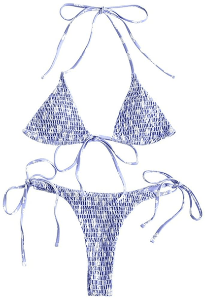 ZAFUL Women's Swimsuit Halter Ribbed Polka Dot Tie Dye String Bathing Suit Bikini Set Apparel & Accessories > Clothing > Swimwear ZAFUL O-blue Large 