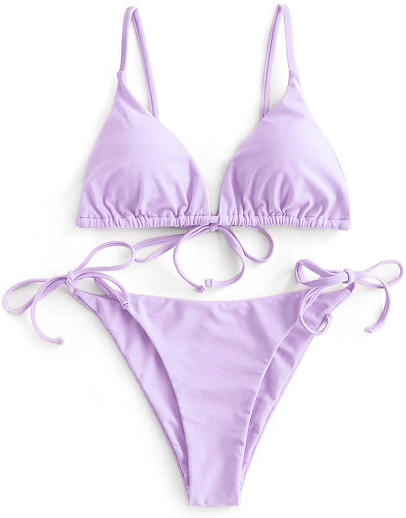 ZAFUL Women's Swimsuit Halter Ribbed Polka Dot Tie Dye String Bathing Suit Bikini Set Apparel & Accessories > Clothing > Swimwear ZAFUL K-light Purple Small 