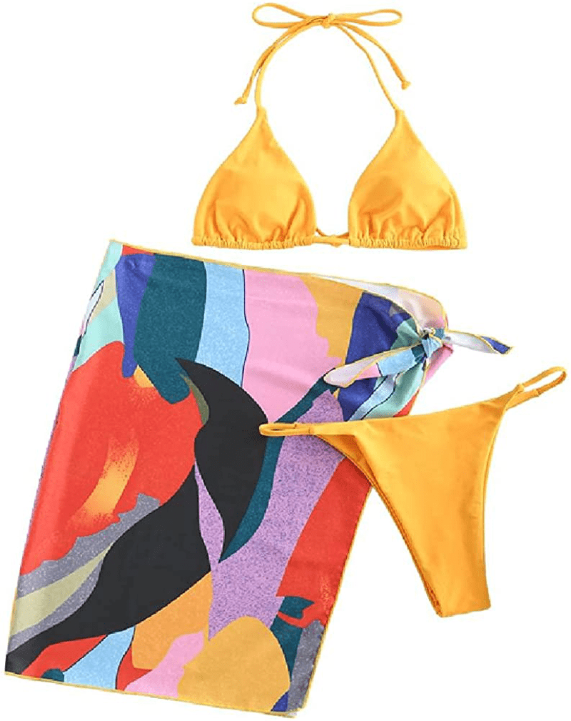 ZAFUL Women's Swimsuit Halter Ribbed Polka Dot Tie Dye String Bathing Suit Bikini Set Apparel & Accessories > Clothing > Swimwear ZAFUL Three Piece-yellow Medium 