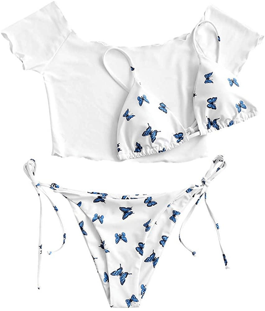ZAFUL Women's Swimsuit Halter Ribbed Polka Dot Tie Dye String Bathing Suit Bikini Set Apparel & Accessories > Clothing > Swimwear ZAFUL K-white Large 