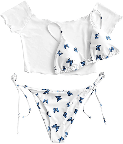 ZAFUL Women's Swimsuit Halter Ribbed Polka Dot Tie Dye String Bathing Suit Bikini Set Apparel & Accessories > Clothing > Swimwear ZAFUL K-white Large 