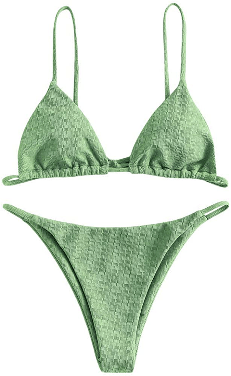 ZAFUL Women's Swimsuit Halter Ribbed Polka Dot Tie Dye String Bathing Suit Bikini Set Apparel & Accessories > Clothing > Swimwear ZAFUL I-green Peas Large 