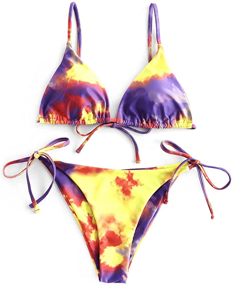 ZAFUL Women's Swimsuit Halter Ribbed Polka Dot Tie Dye String Bathing Suit Bikini Set Apparel & Accessories > Clothing > Swimwear ZAFUL Two Piece-purple Sage Bush Medium 