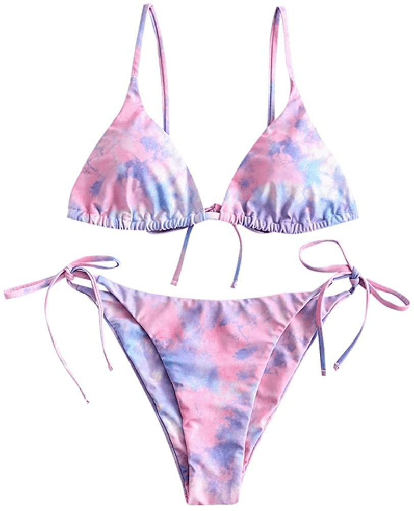ZAFUL Women's Swimsuit Halter Ribbed Polka Dot Tie Dye String Bathing Suit Bikini Set Apparel & Accessories > Clothing > Swimwear ZAFUL Two Piece-pig Pink Small 
