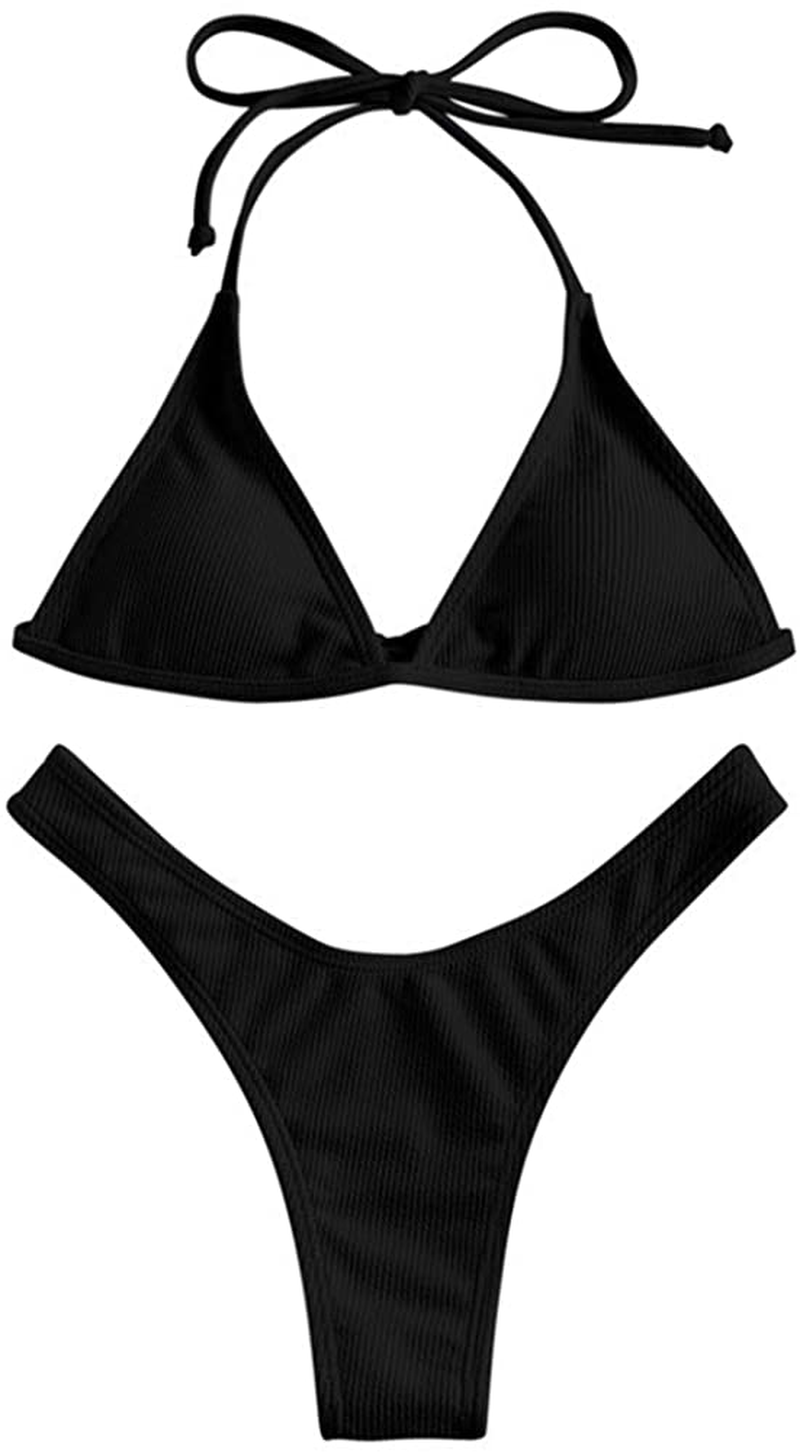 ZAFUL Women's Swimsuit Halter Ribbed Polka Dot Tie Dye String Bathing Suit Bikini Set Apparel & Accessories > Clothing > Swimwear ZAFUL B-black Large 