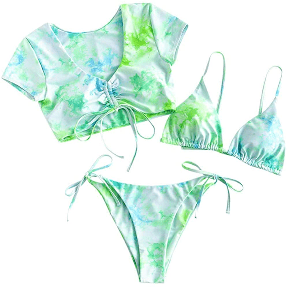 ZAFUL Women's Swimsuit Halter Ribbed Polka Dot Tie Dye String Bathing Suit Bikini Set Apparel & Accessories > Clothing > Swimwear ZAFUL Three Piece-algae Green Small 