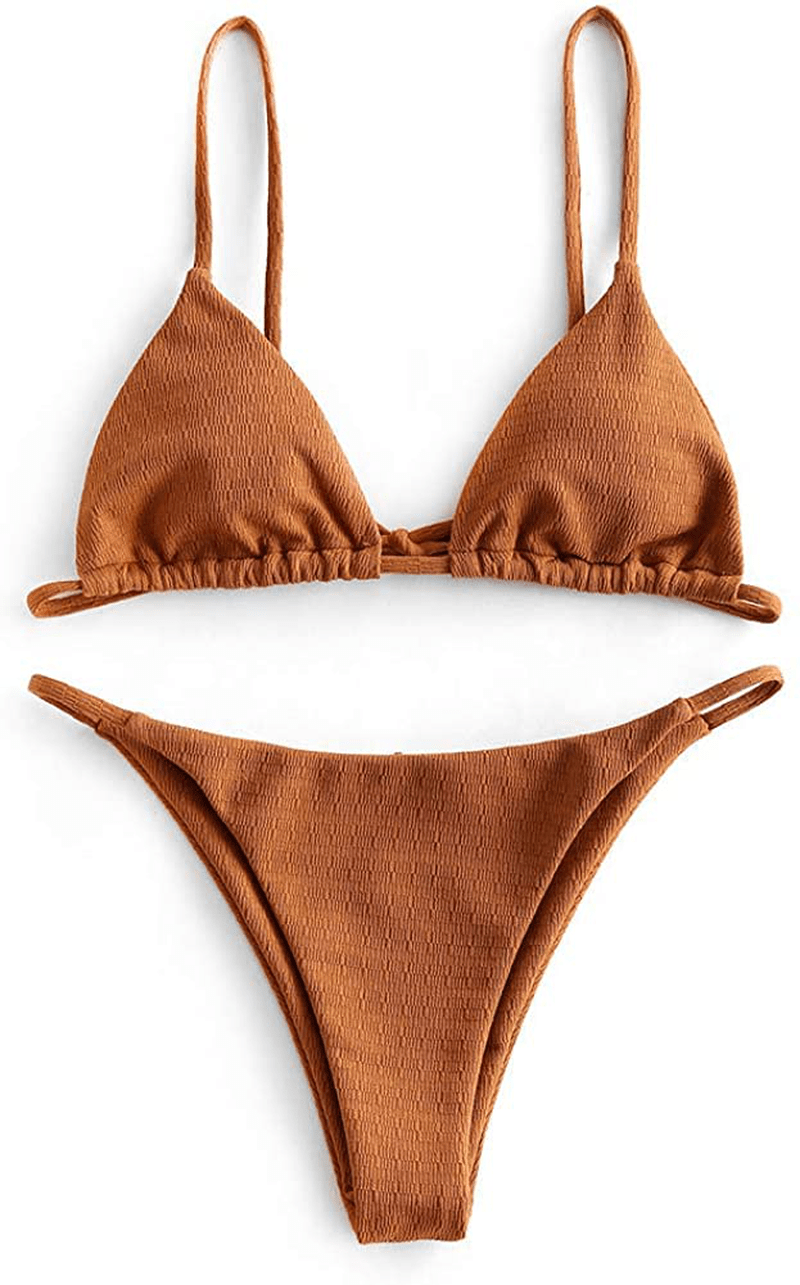 ZAFUL Women's Swimsuit Halter Ribbed Polka Dot Tie Dye String Bathing Suit Bikini Set Apparel & Accessories > Clothing > Swimwear ZAFUL I-light Brown Medium 