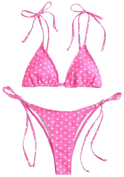 ZAFUL Women's Swimsuit Halter Ribbed Polka Dot Tie Dye String Bathing Suit Bikini Set Apparel & Accessories > Clothing > Swimwear ZAFUL A-hot Pink Small 