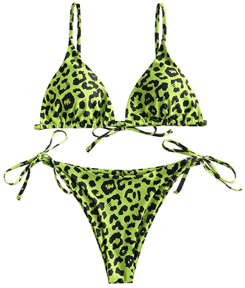 ZAFUL Women's Swimsuit Halter Ribbed Polka Dot Tie Dye String Bathing Suit Bikini Set Apparel & Accessories > Clothing > Swimwear ZAFUL M-green Apple Small 