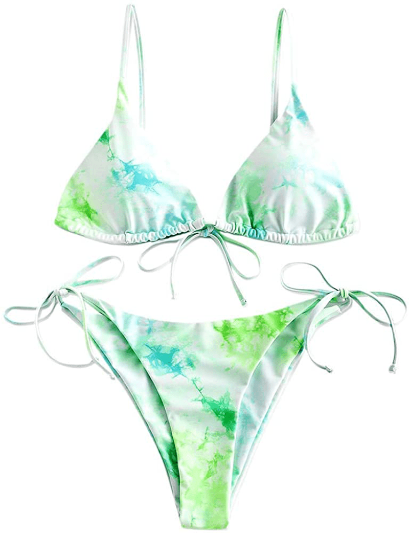 ZAFUL Women's Swimsuit Halter Ribbed Polka Dot Tie Dye String Bathing Suit Bikini Set Apparel & Accessories > Clothing > Swimwear ZAFUL Two Piece-algae Green Medium 