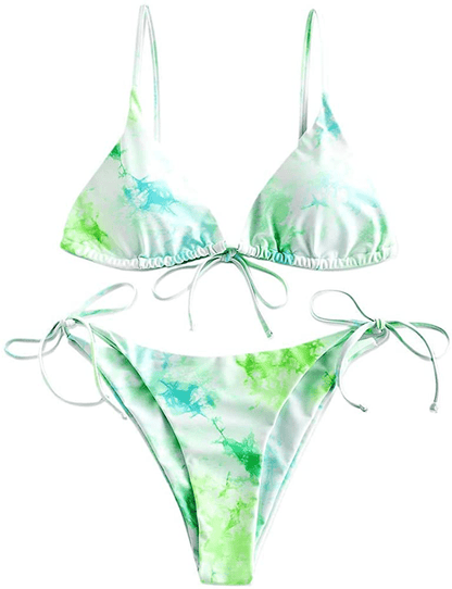 ZAFUL Women's Swimsuit Halter Ribbed Polka Dot Tie Dye String Bathing Suit Bikini Set Apparel & Accessories > Clothing > Swimwear ZAFUL Two Piece-algae Green Medium 