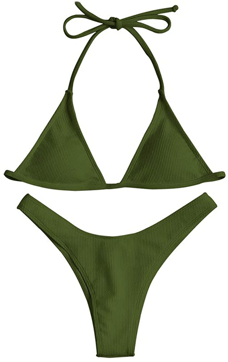 ZAFUL Women's Swimsuit Halter Ribbed Polka Dot Tie Dye String Bathing Suit Bikini Set Apparel & Accessories > Clothing > Swimwear ZAFUL B-hazel Green Medium 