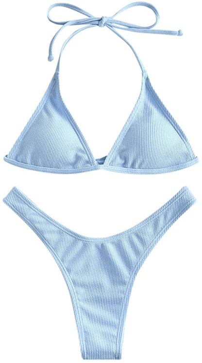 ZAFUL Women's Swimsuit Halter Ribbed Polka Dot Tie Dye String Bathing Suit Bikini Set Apparel & Accessories > Clothing > Swimwear ZAFUL B-light Blue Medium 