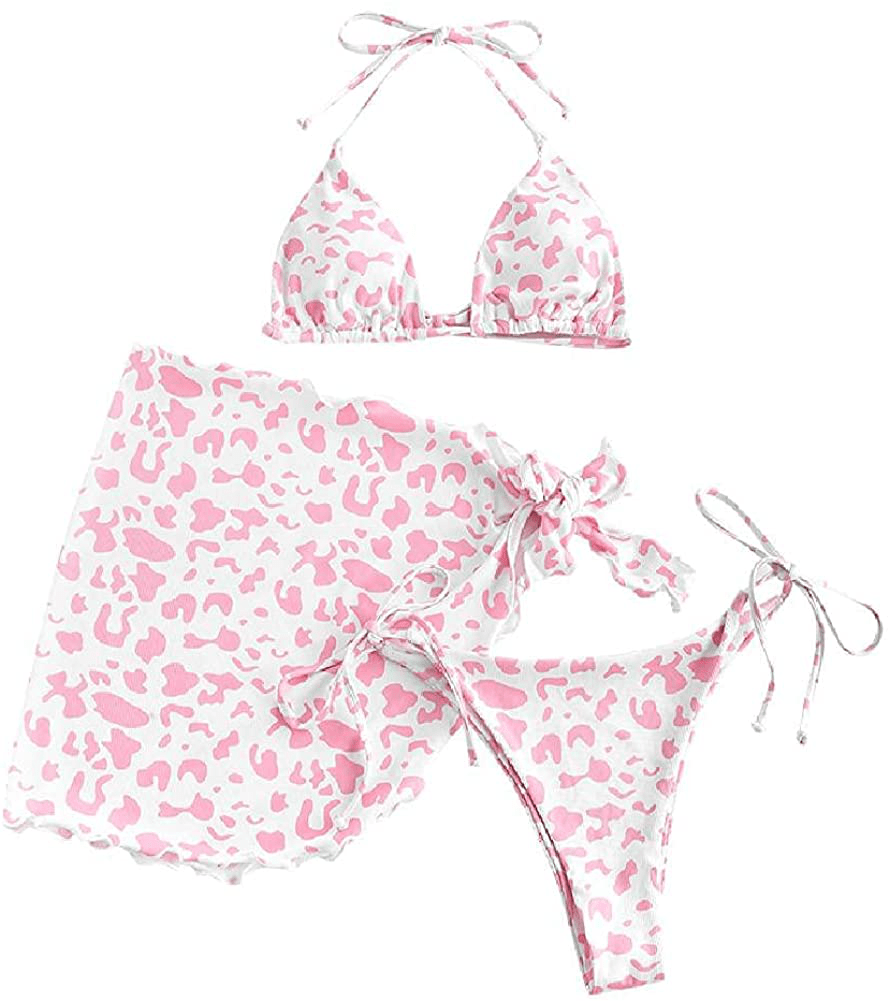ZAFUL Women's Swimsuit Halter Ribbed Polka Dot Tie Dye String Bathing Suit Bikini Set Apparel & Accessories > Clothing > Swimwear ZAFUL Three Piece-leopard Medium 