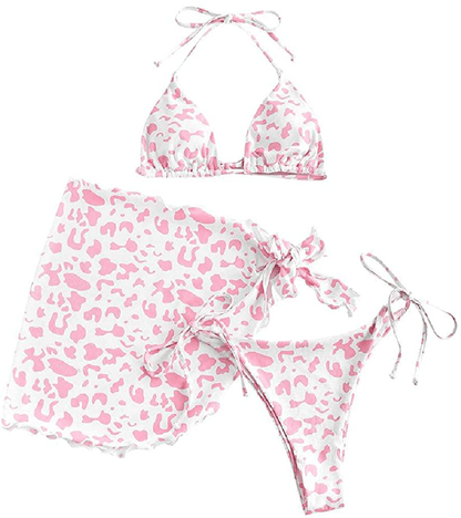 ZAFUL Women's Swimsuit Halter Ribbed Polka Dot Tie Dye String Bathing Suit Bikini Set Apparel & Accessories > Clothing > Swimwear ZAFUL Three Piece-leopard Medium 