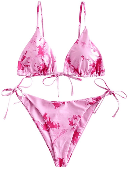 ZAFUL Women's Swimsuit Halter Ribbed Polka Dot Tie Dye String Bathing Suit Bikini Set Apparel & Accessories > Clothing > Swimwear ZAFUL Two Piece-hot Pink Large 