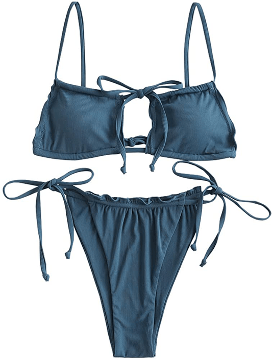 ZAFUL Women's Tie Cutout Keyhole Cami String Bikini Set Two Piece Swimsuit Apparel & Accessories > Clothing > Swimwear ZAFUL A-blue Small 