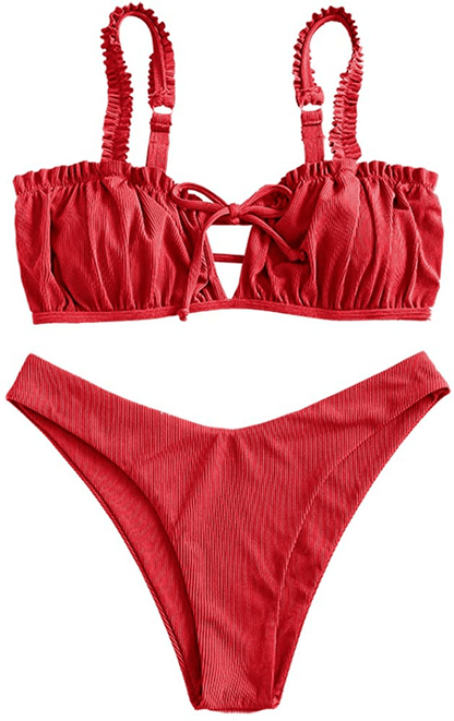 ZAFUL Women's Tie Cutout Keyhole Cami String Bikini Set Two Piece Swimsuit Apparel & Accessories > Clothing > Swimwear ZAFUL Lettuce-red Small 