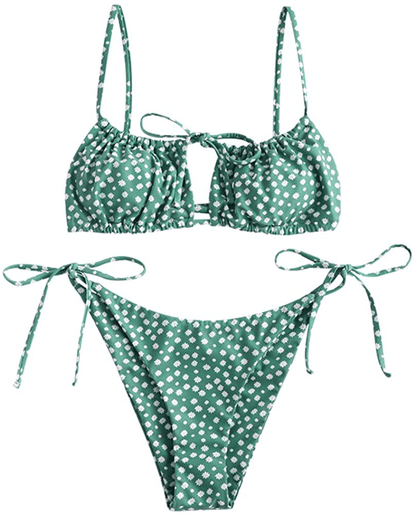 ZAFUL Women's Tie Cutout Keyhole Cami String Bikini Set Two Piece Swimsuit Apparel & Accessories > Clothing > Swimwear ZAFUL Floral-green Medium 