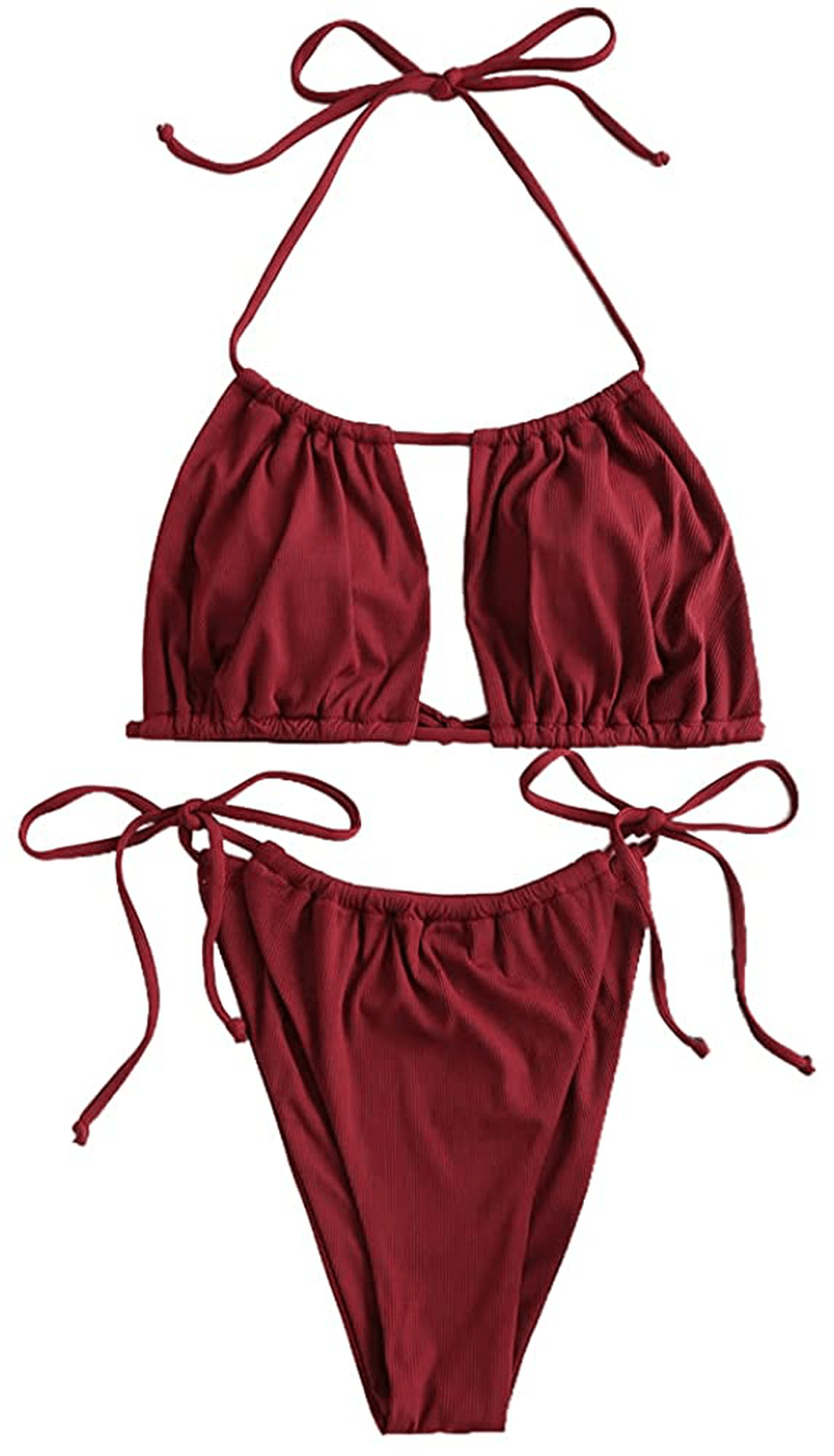 ZAFUL Women's Tie Cutout Keyhole Cami String Bikini Set Two Piece Swimsuit Apparel & Accessories > Clothing > Swimwear ZAFUL D-deep Red Medium 