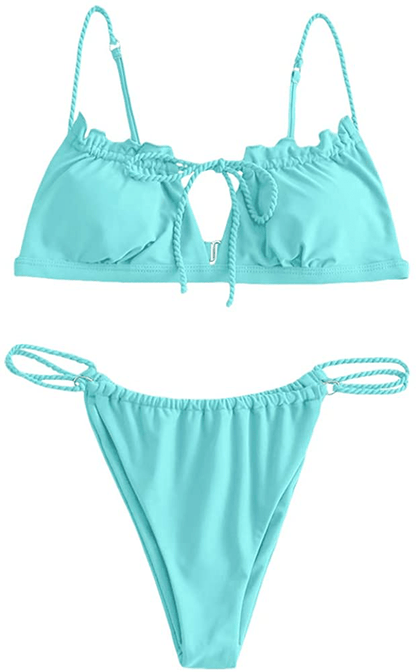 ZAFUL Women's Tie Cutout Keyhole Cami String Bikini Set Two Piece Swimsuit Apparel & Accessories > Clothing > Swimwear ZAFUL Solid-light Blue Small 