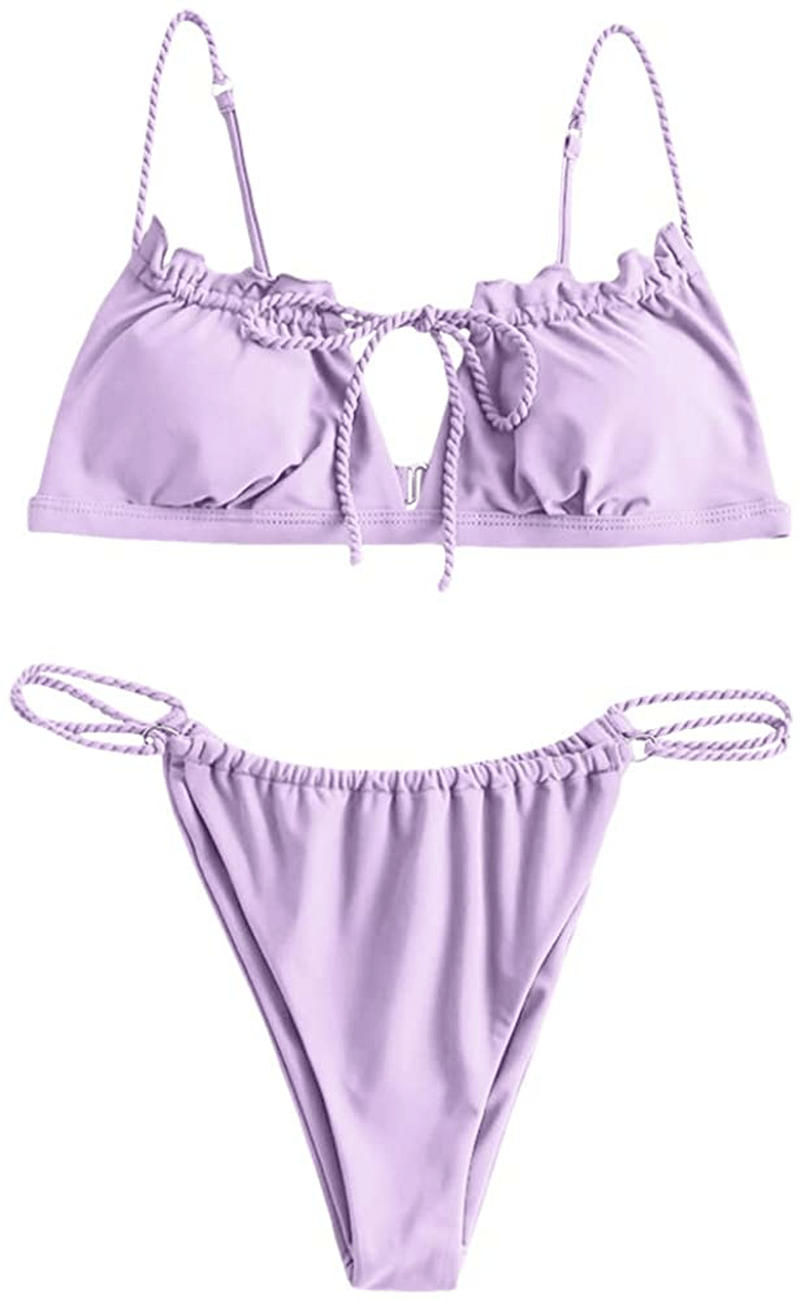 ZAFUL Women's Tie Cutout Keyhole Cami String Bikini Set Two Piece Swimsuit Apparel & Accessories > Clothing > Swimwear ZAFUL Solid-mauve Medium 