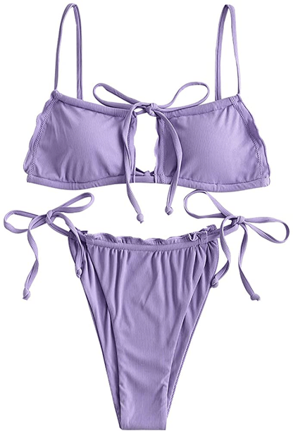 ZAFUL Women's Tie Cutout Keyhole Cami String Bikini Set Two Piece Swimsuit Apparel & Accessories > Clothing > Swimwear ZAFUL A-purple Large 