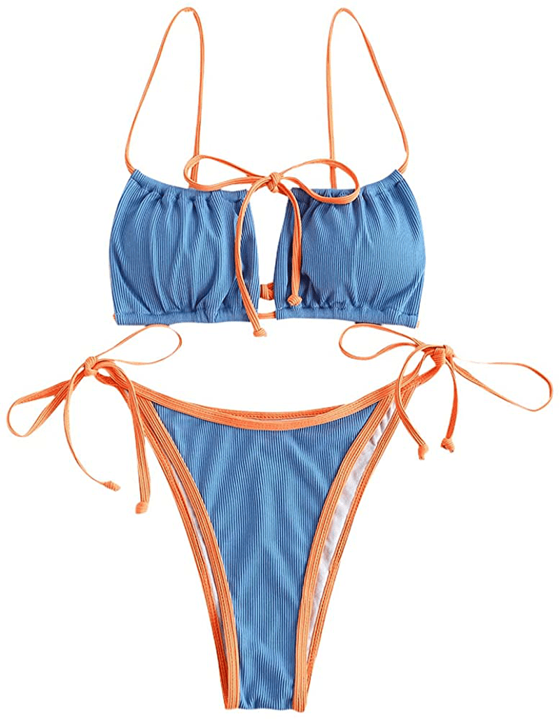 ZAFUL Women's Tie Cutout Keyhole Cami String Bikini Set Two Piece Swimsuit Apparel & Accessories > Clothing > Swimwear ZAFUL B-blue Medium 